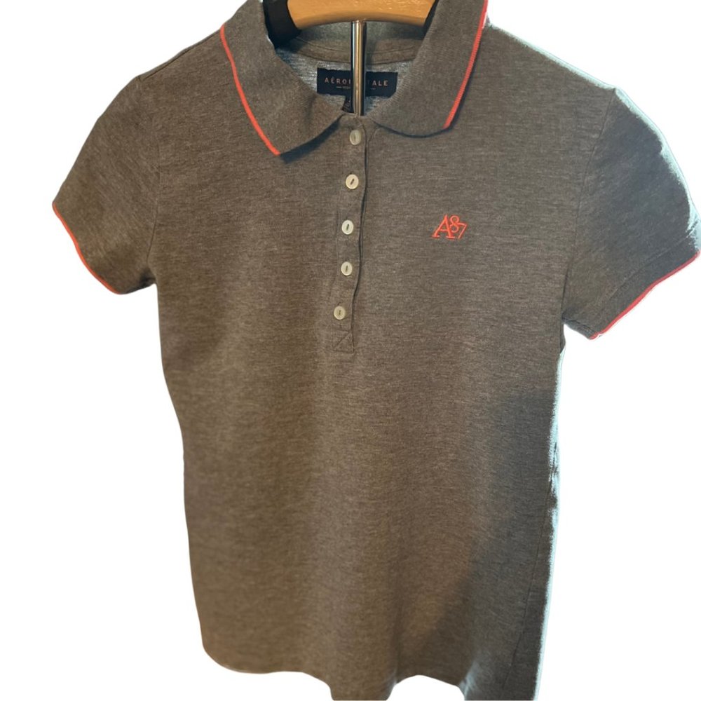 Aeropostale A87 Girls Pique Polo Gray/Coral Trim
